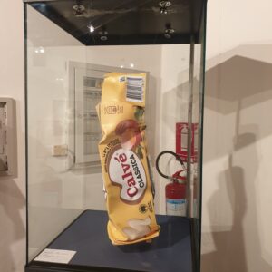 Scultura packaging Maionese Calvè deformato in plastica riciclata termoformata a mano esposta al Museo Casa del Conte Verde Rivoli